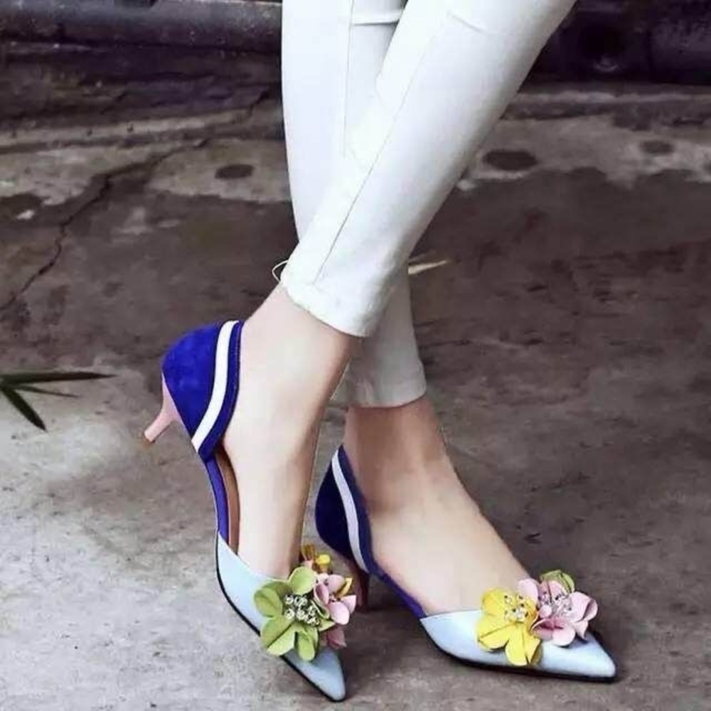 Floral Embellished Blue and Pink Women's Shoes